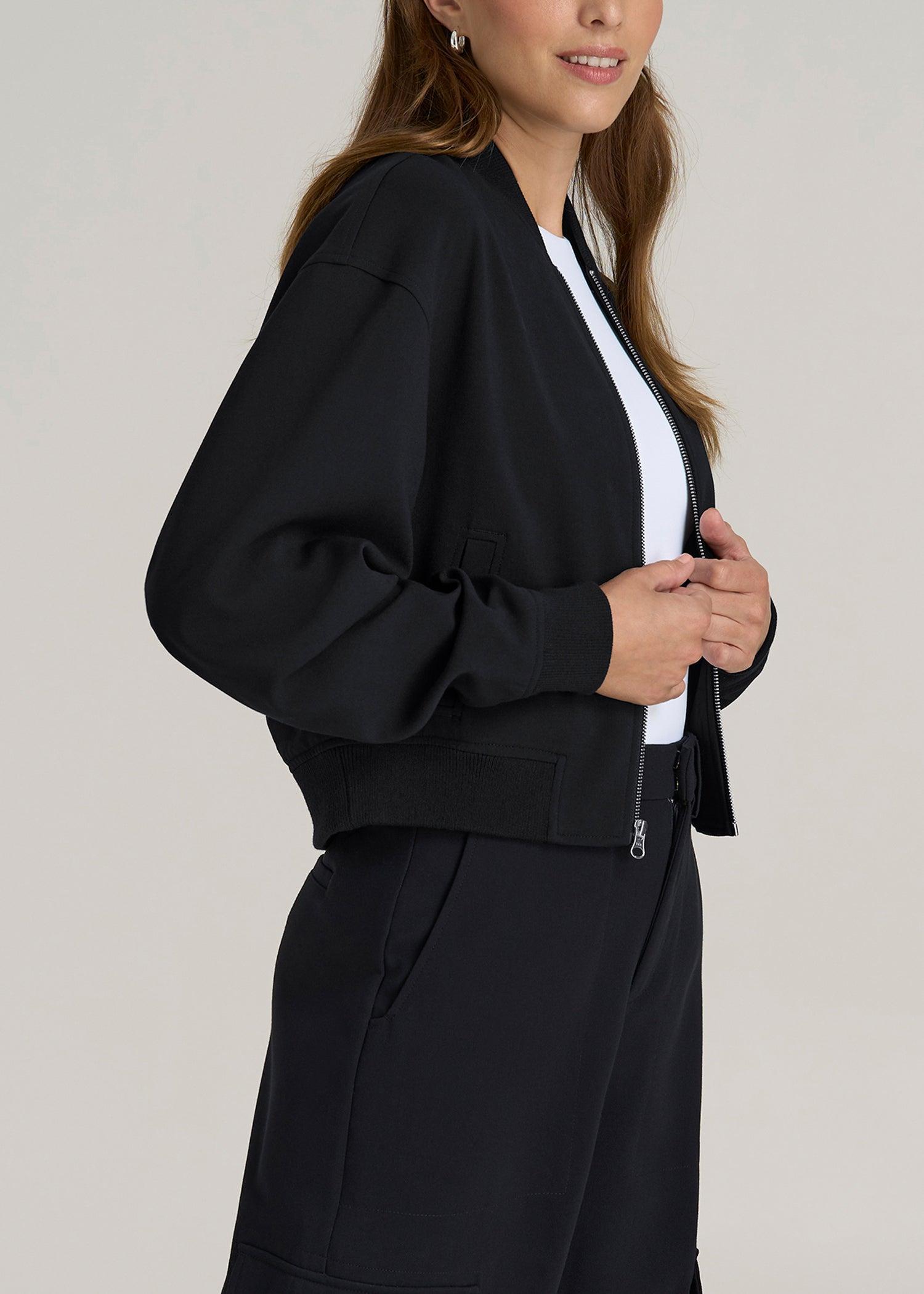 Cropped Women's Tall Bomber Jacket in Black Product Image