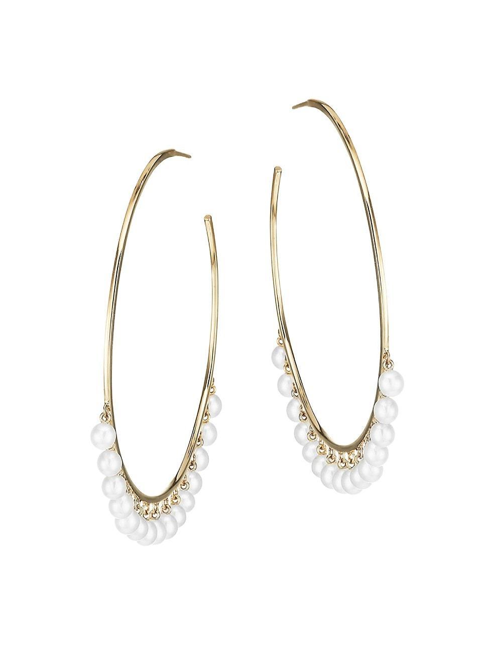 Womens 14K Yellow Gold & 4MM White Pearl Large Hoop Earrings Product Image