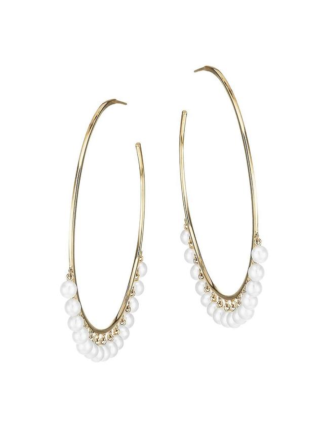 Womens 14K Yellow Gold & 4MM White Pearl Large Hoop Earrings Product Image