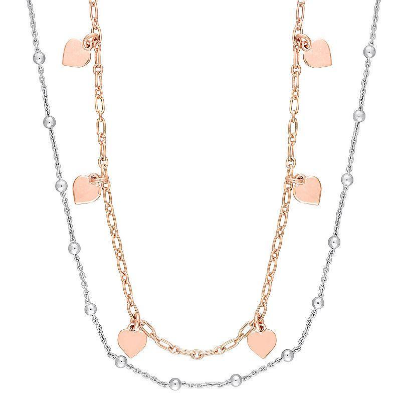 Stella Grace Sterling Silver Heart & Ball Bead Chain Double Strand Necklace, Womens Rose Gold Tone Product Image