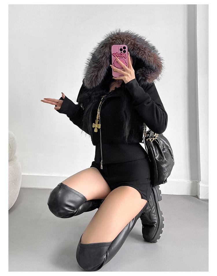 Asymmetrical Faux Fur-Collar Hooded Jacket Product Image