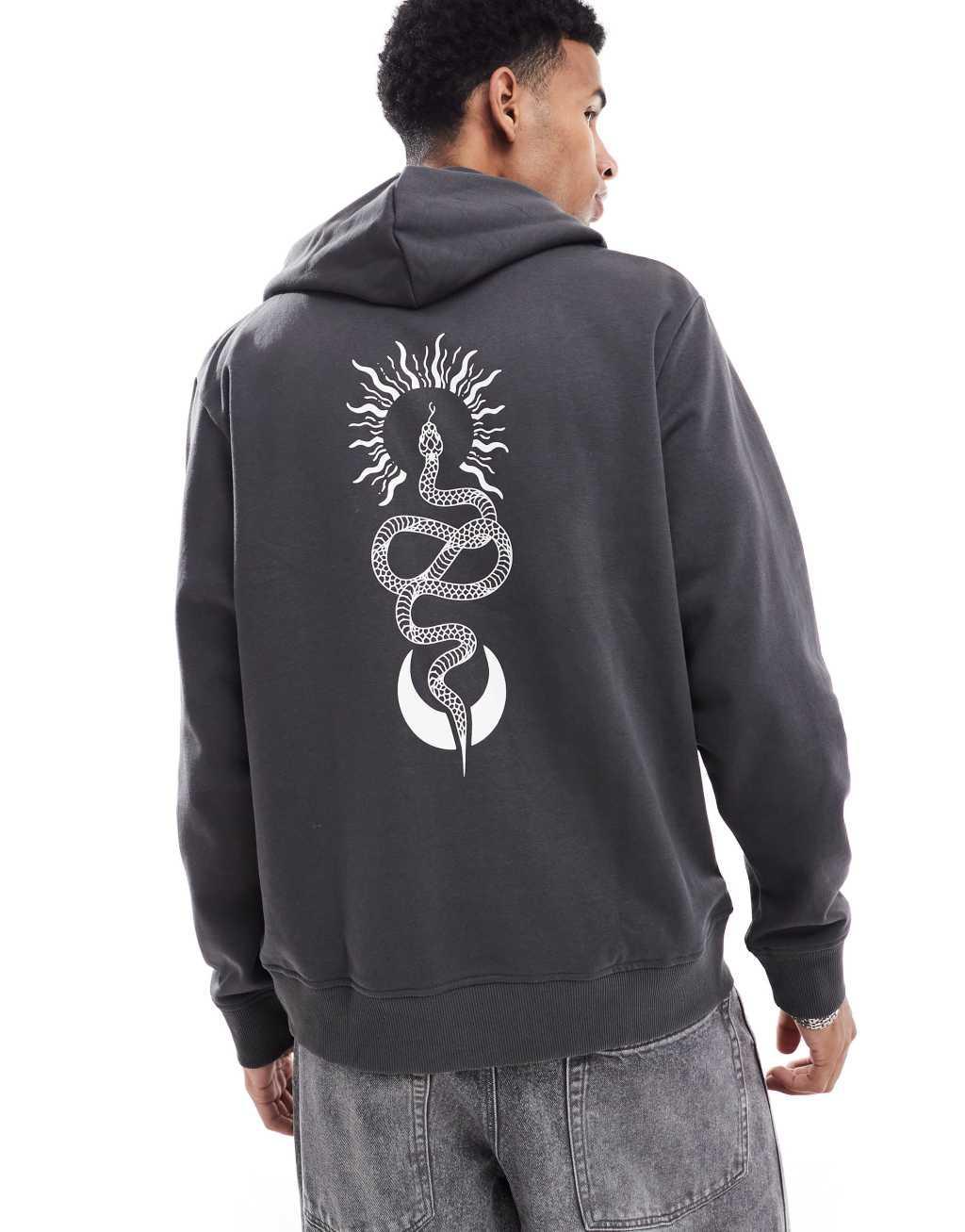 Jack & Jones oversized snake back print hoodie in dark gray  product image