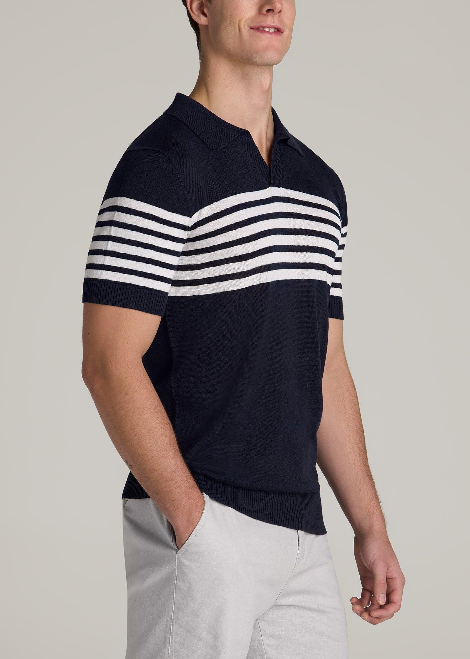 Striped Linen Blend Tall Men's Polo Shirt in Blue and White Stripe Product Image