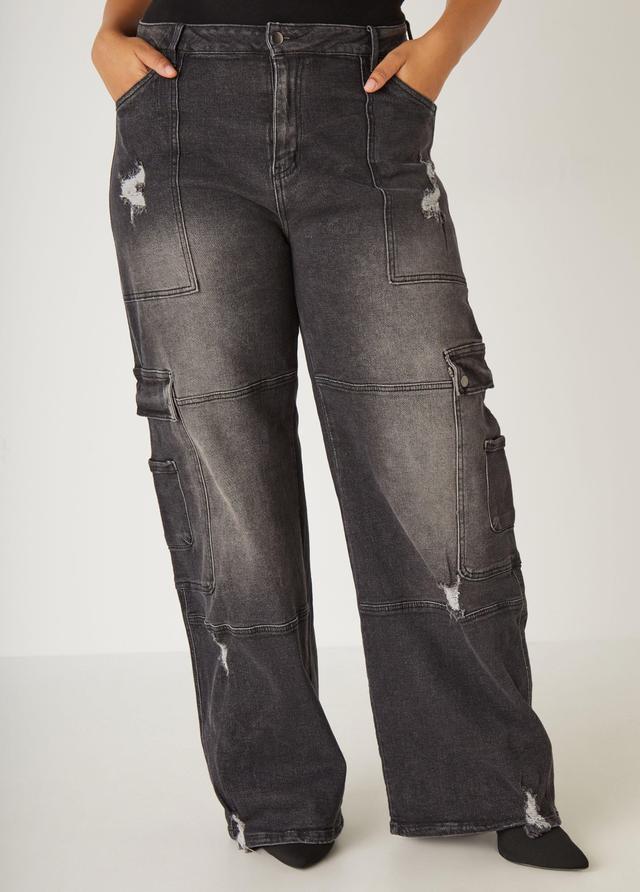 High Rise Distressed Cargo Jeans Product Image