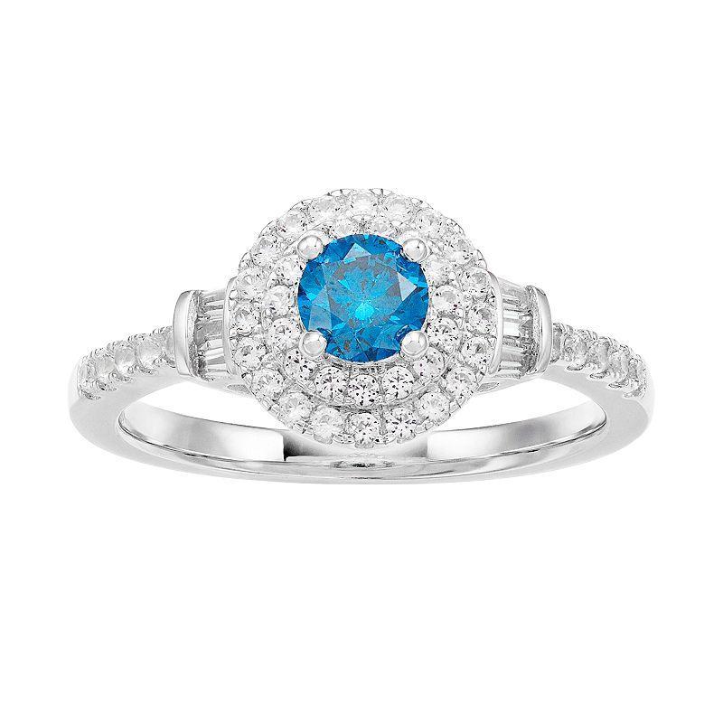 Lovemark 10k White Gold 3/4 Carat T.W. Blue & White Diamond Halo Ring, Womens Product Image