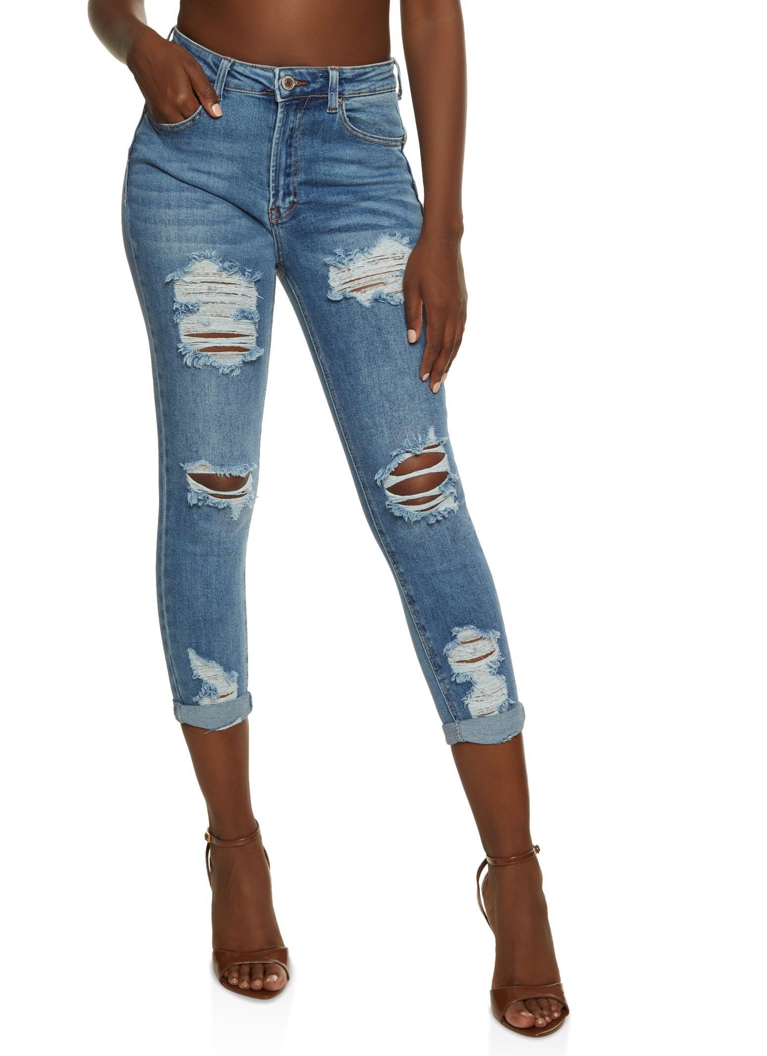 Womens WAX Ripped Rolled Cuff Skinny Jeans Product Image