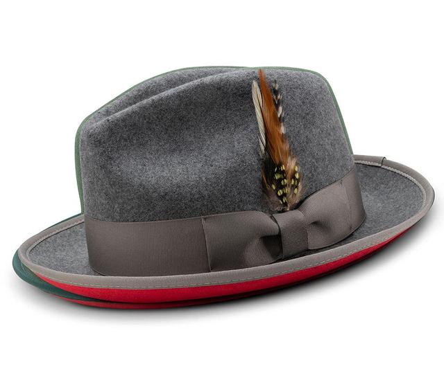 2 ⅜" Brim Wool Felt Dress Hat with Feather Accent Gray with Red Bottom Product Image