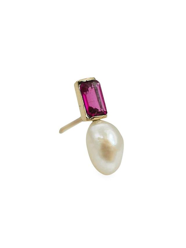 Womens Celestial Bodies 14K Yellow Gold, Pink Tourmaline, & Freshwater Pearl Stud Earring Product Image