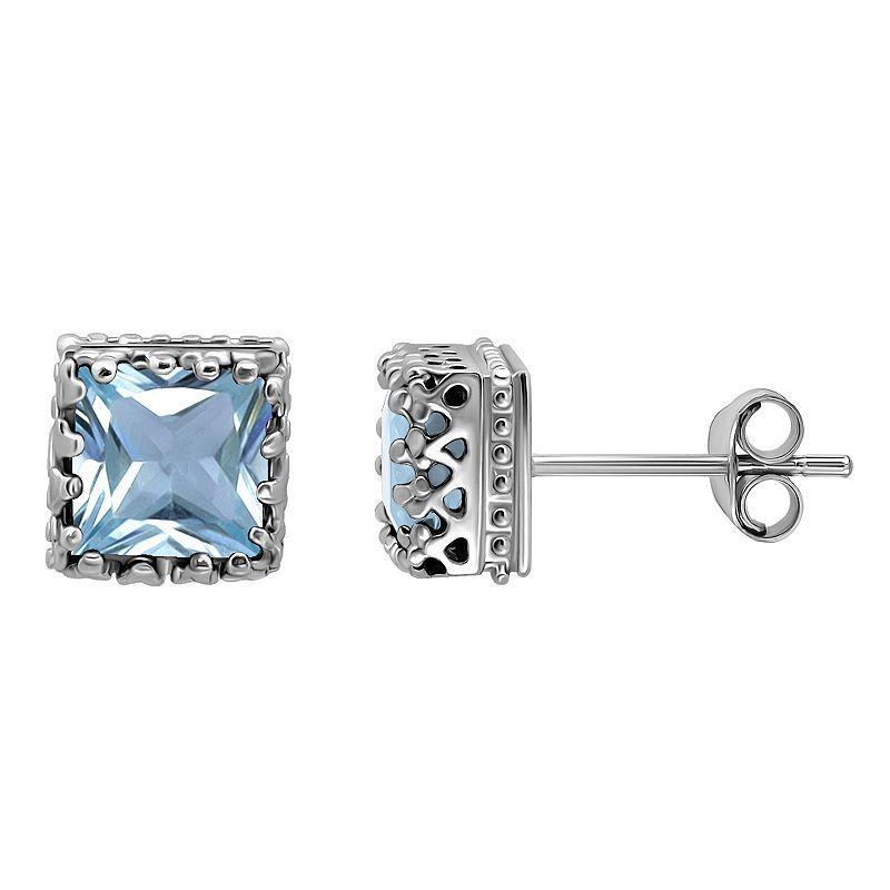 Aleure Precioso Sterling Silver Square Crown Set Stud Earrings, Womens, Blue Topaz Product Image