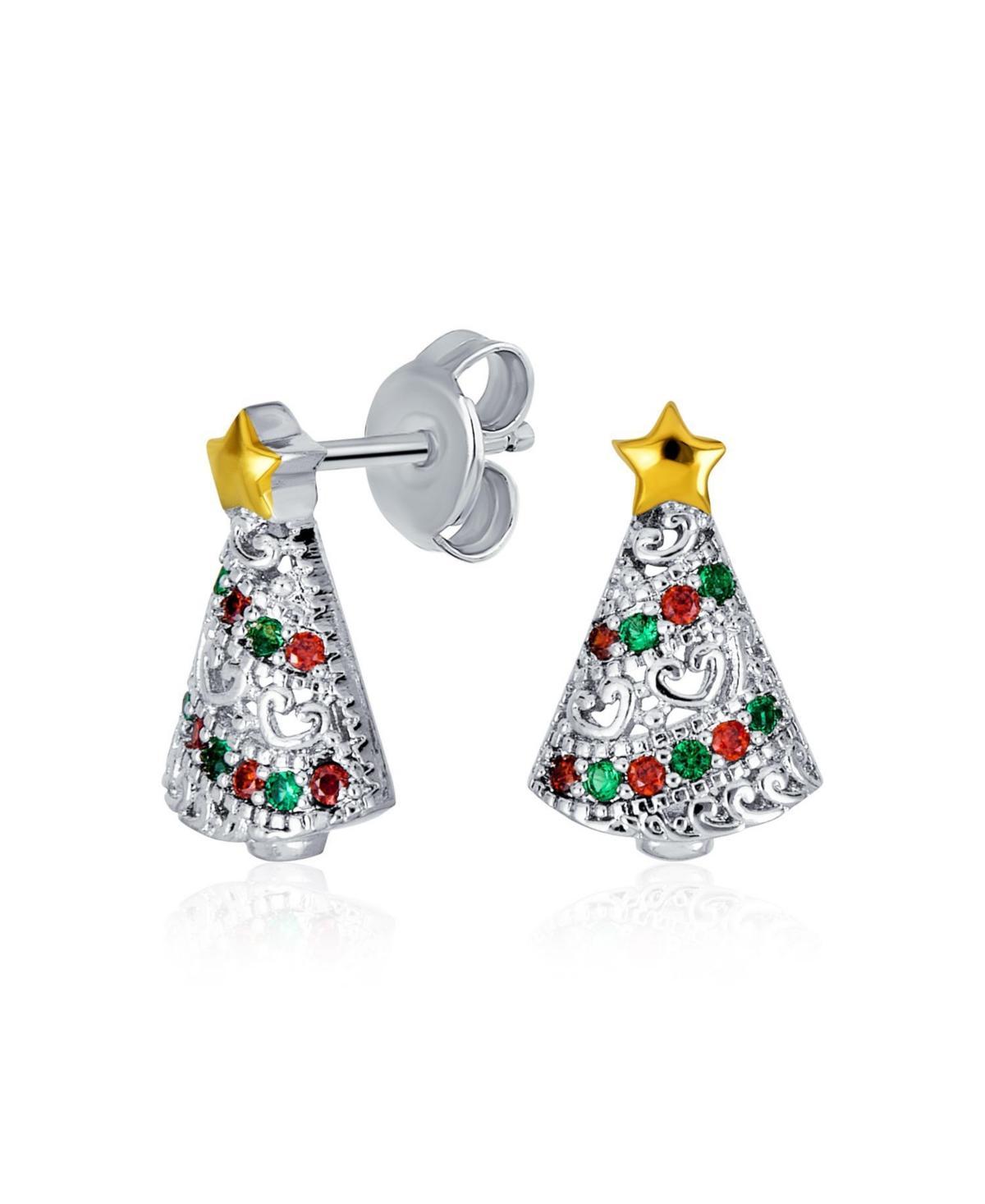 Bling Jewelry Holiday Golden Star Winter Red Green Cubic Zirconia Cz Sparkly Christmas Tree Stud Earrings For Women Product Image