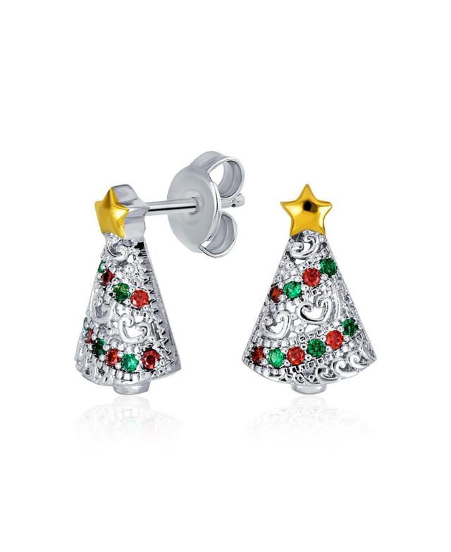 Holiday Golden Star Winter Red Green Cubic Zirconia Cz Sparkly Christmas Tree Stud Earrings For Women Teens Product Image