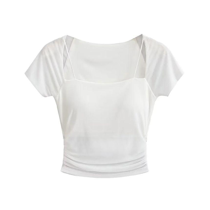 Short-Sleeve Square Neck Plain Ruched Panel Mesh Crop Top Product Image