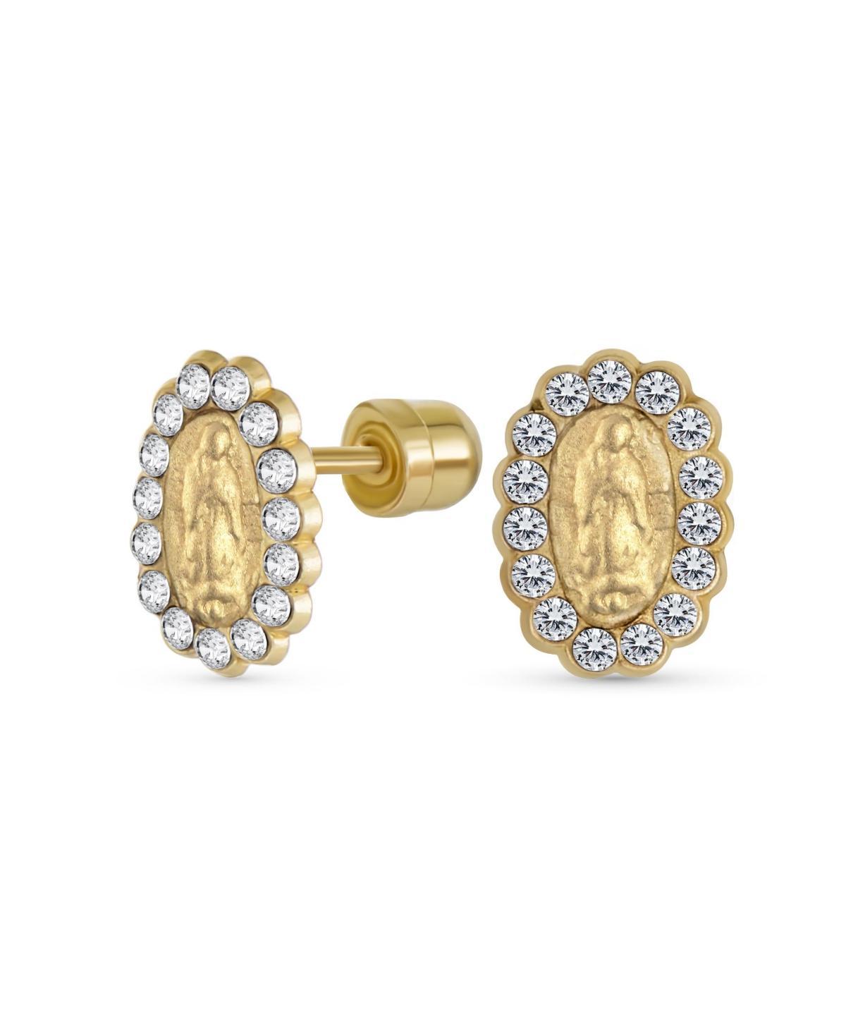 Bling Jewelry Small Cubic Zirconia Cz Halo Holy Mother Religious Medallion Style Yellow 14K Gold Oval Virgin Mary Stud Earrings For Women - Yellow gol Product Image