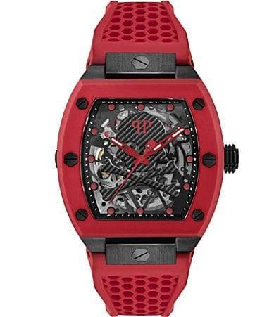 Philipp Plein Mens The Skeleton Automatic Red Silicone Strap Watch Product Image