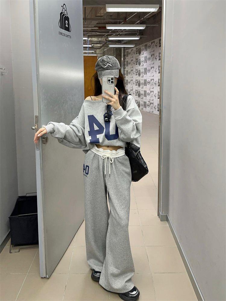 Off Shoulder Numbering Pullover / High Waist Wide Leg Sweatpants Product Image