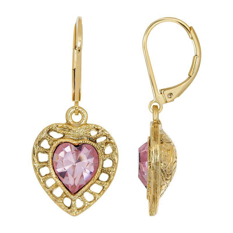 1928 14k Gold Dipped Pink Crystal Heart Drop Earrings, Womens Product Image