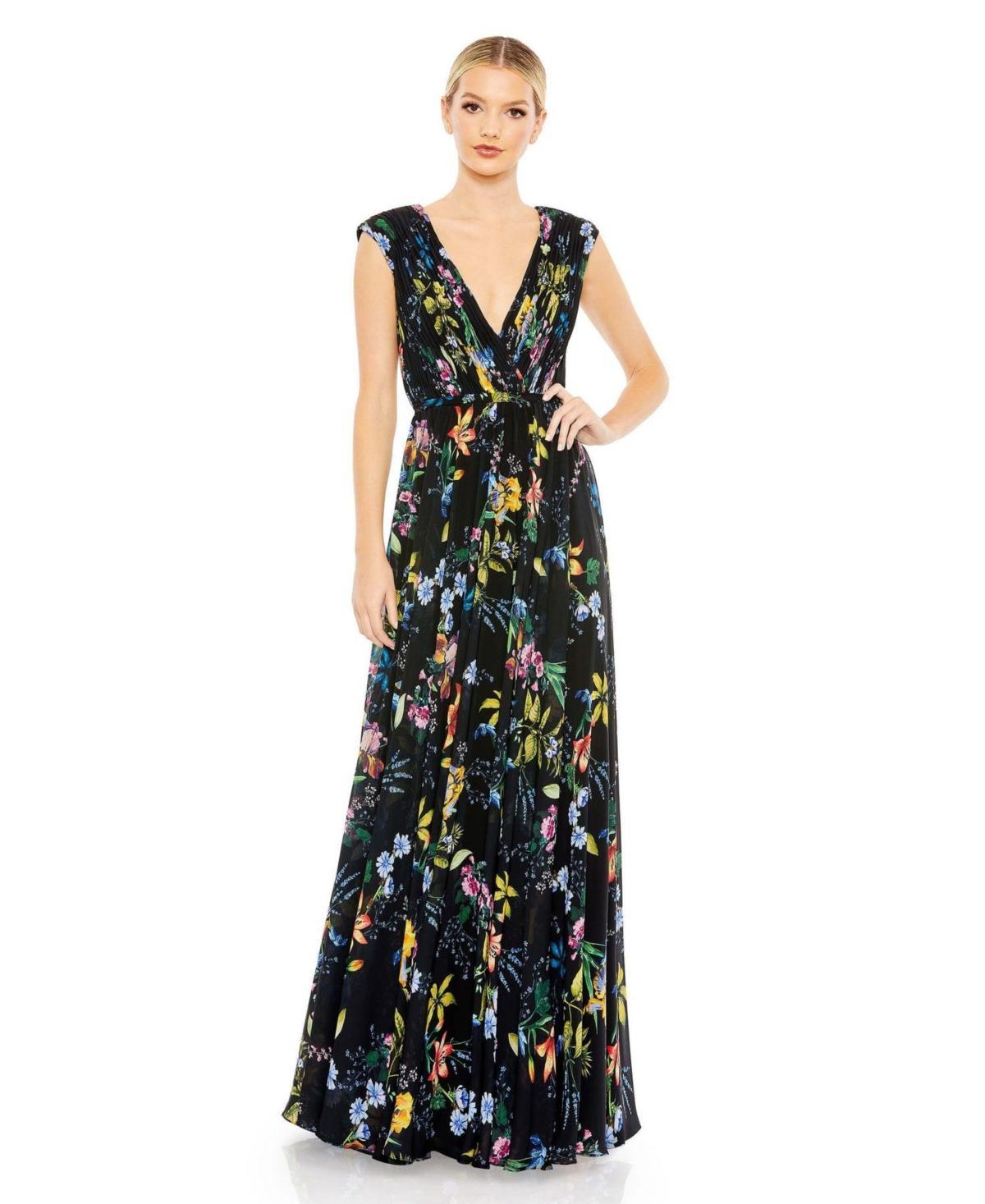 Womens Pleated Floral A-Line Gown Product Image