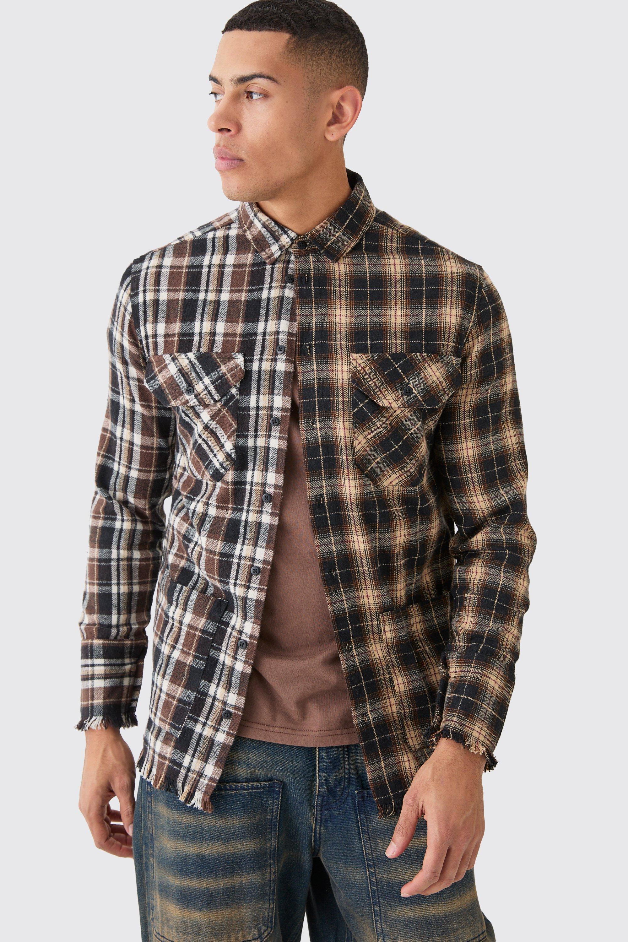 Mens Brown Spliced Frayed Check Shirt, Brown Product Image