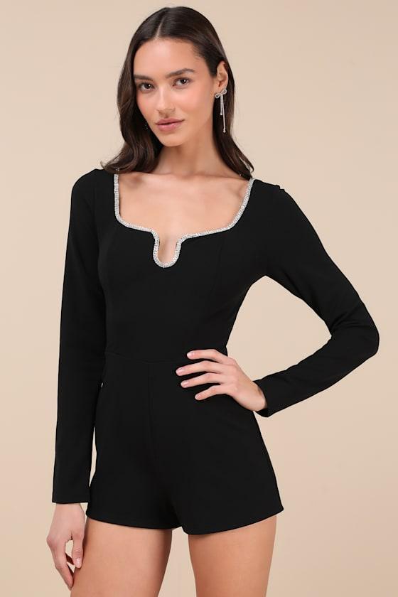 Marvelous Sparkle Black Rhinestone Long Sleeve Romper Product Image