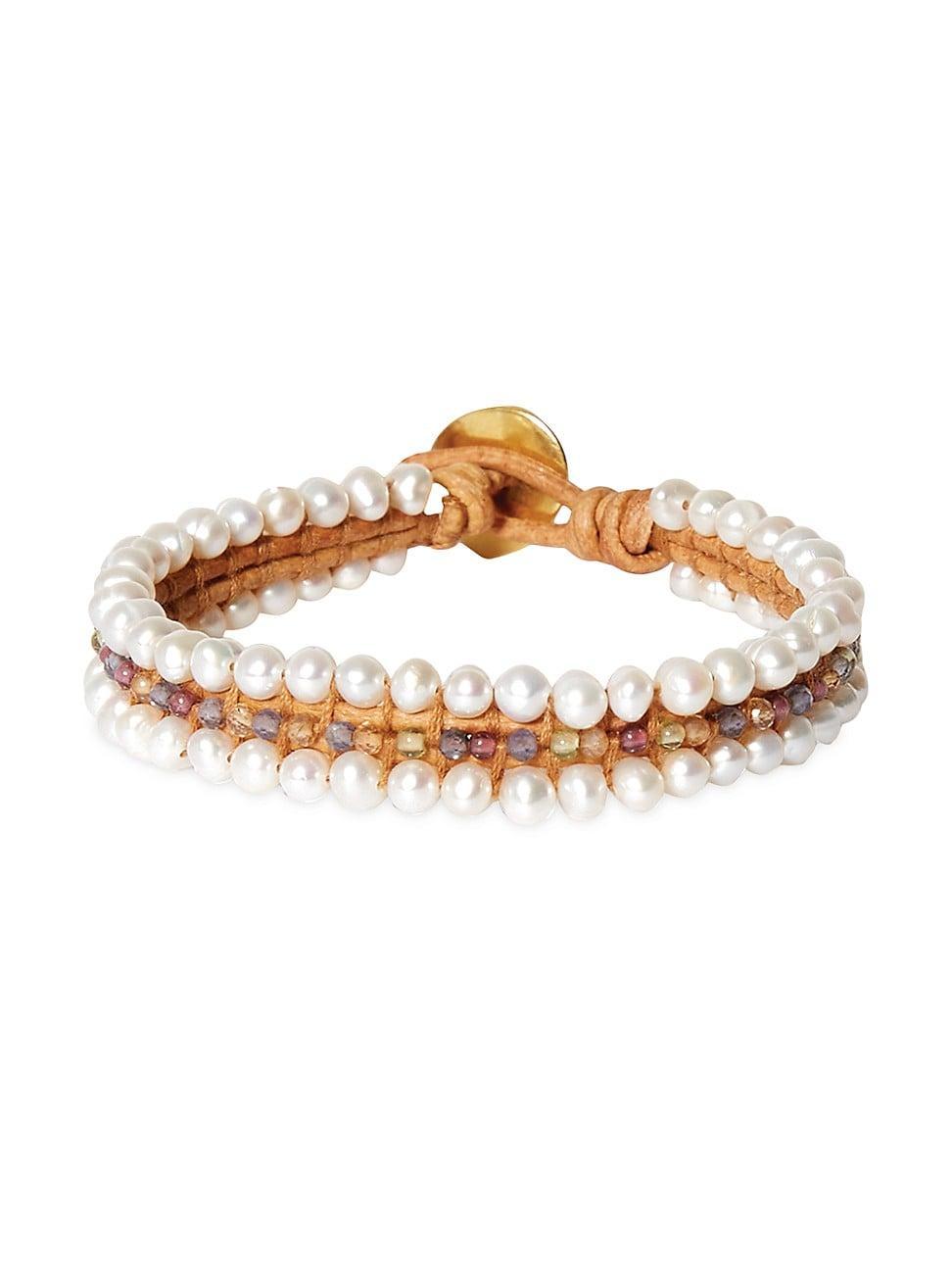 Womens 18K Gold-Plated, Freshwater Pearl & Multi-Gemstone Bead Woven Bracelet Product Image