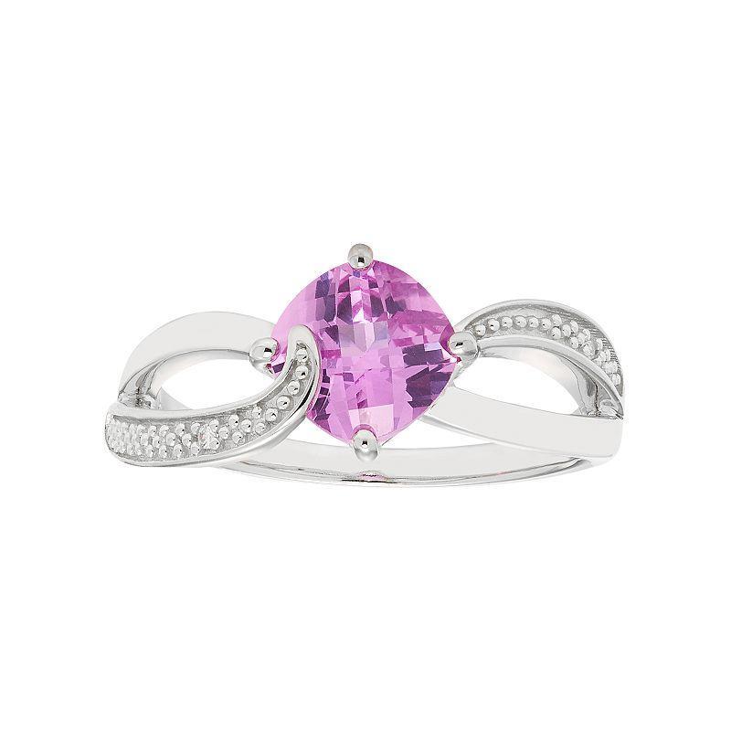 Sterling Silver Lab Created Pink Sapphire & Diamond Accent Cushion Bypass Ring, Womens Product Image