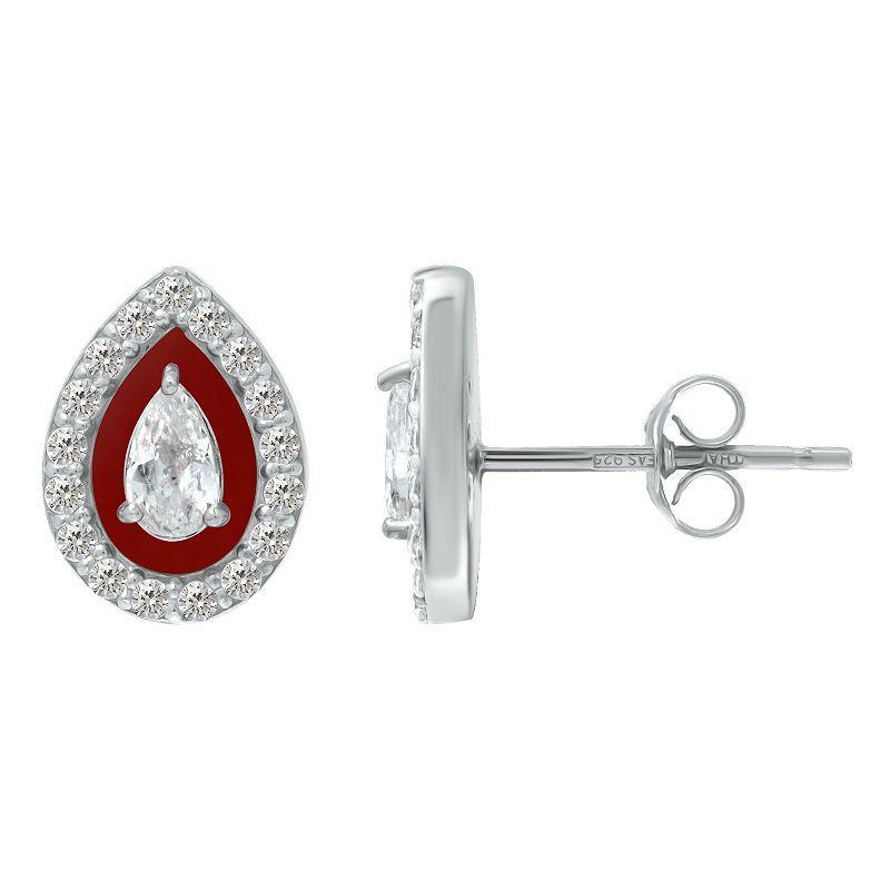 Aleure Precioso Sterling Silver Enamel & Cubic Zirconia Pear Shaped Halo Stud Earrings, Womens, Red Product Image