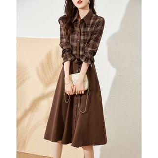 Long Sleeve Plaid Lapel Neck Shirt Dress product image