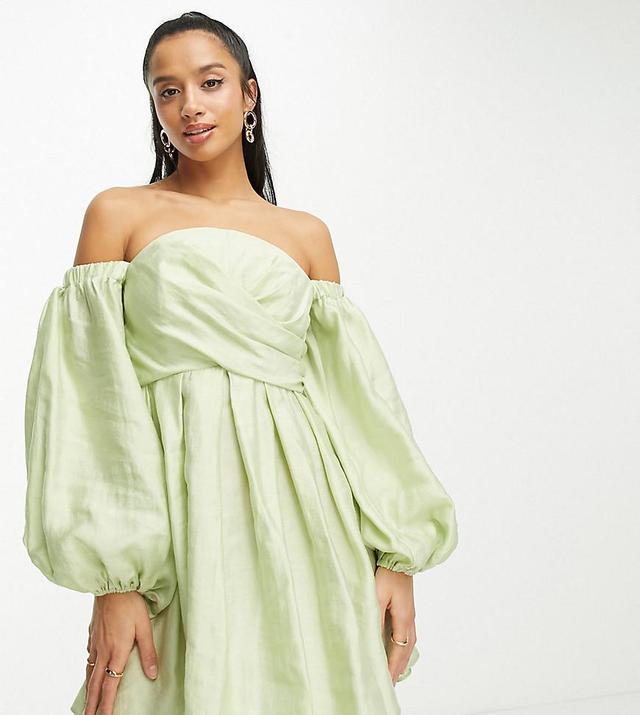 ASOS DESIGN Petite washed off shoulder balloon slv mini dress with wrap corset detail Product Image