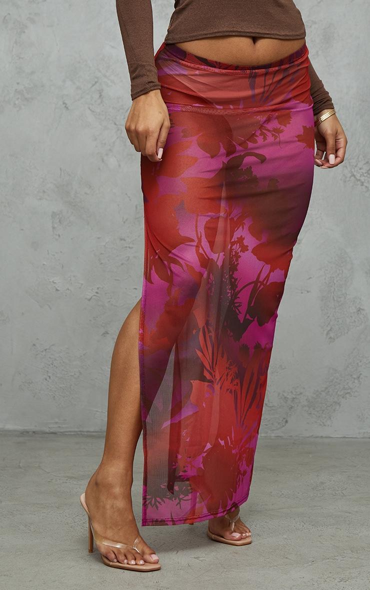 Cherry Red Floral Print Mesh Split Hem Midi Skirt Product Image