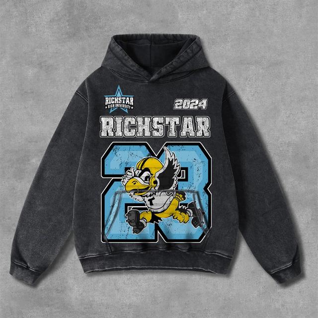 Vintage Rich Star Graphic Print Washed Distressed Pocket Hoodie Product Image