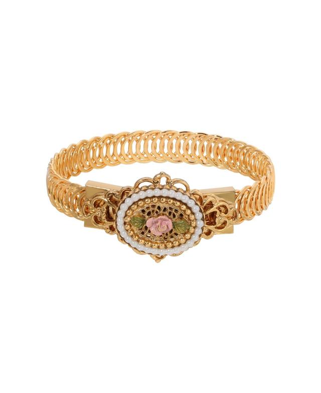 1928 Gold Tone Simulated Pearl Rose Filigree Cuff Bracelet, Womens, Pink Product Image