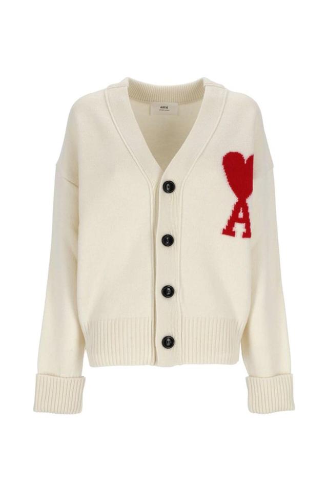 Ami Ami De Coeur Embroidered Cardigan In Ecru Rouge Product Image