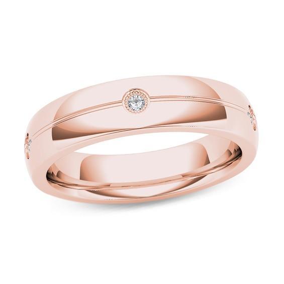 Men's 1/8 CT. T.w. Diamond Five Stone Milgrain Groove Wedding Band in 14K Rose Gold Product Image