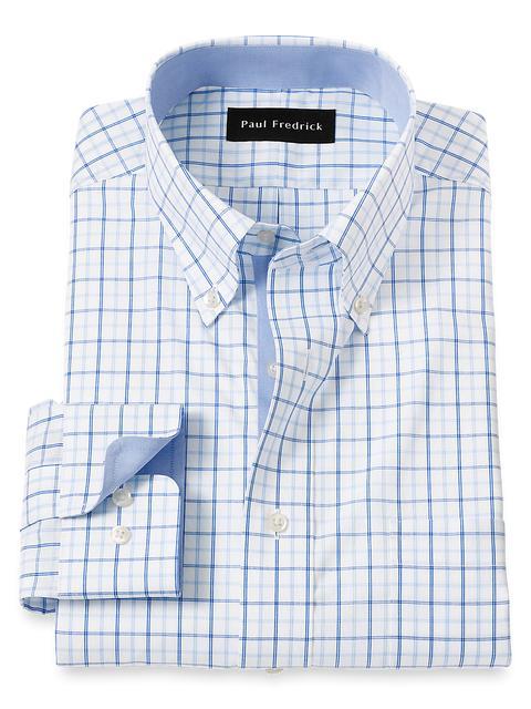 Non-Iron Cotton Windowpane Dress Shirt With Contrast Trim - Blue Product Image