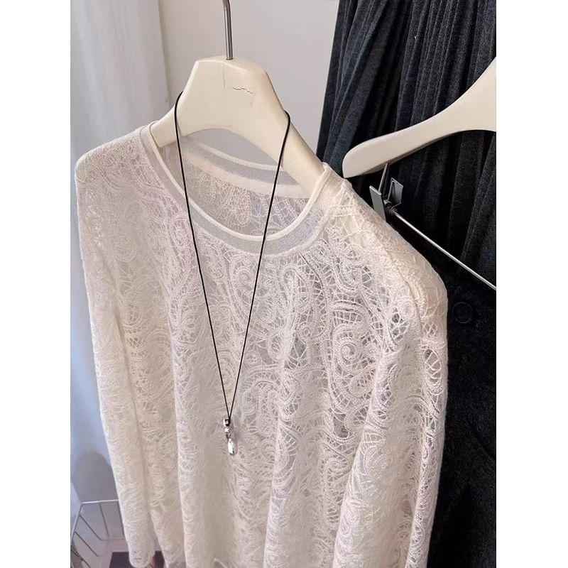 Long Sleeve Round Neck Floral Lace Top Product Image