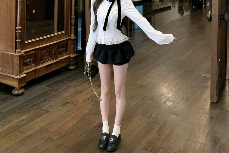 Plain Bow Lace Trim Blouse Product Image