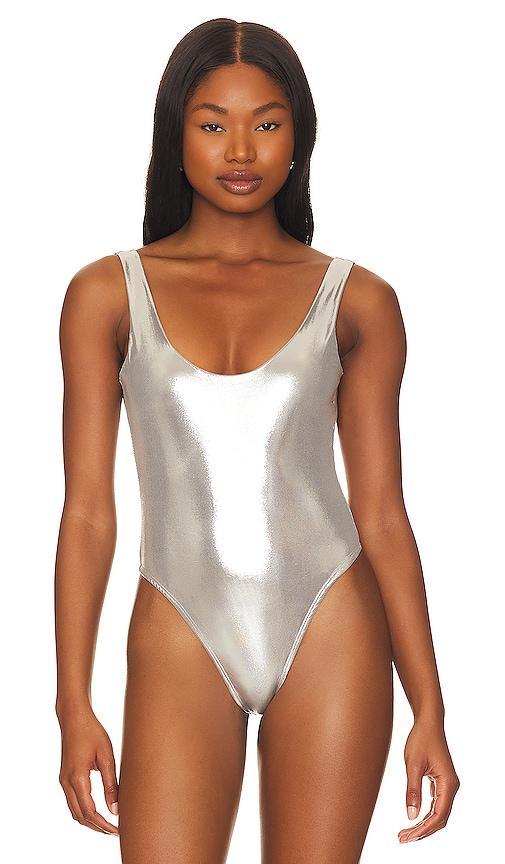 superdown Nadia Bodysuit in Metallic Silver. Product Image