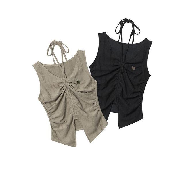 Halter-Neck Plain Drawstring Slit Crop Tank Top Product Image