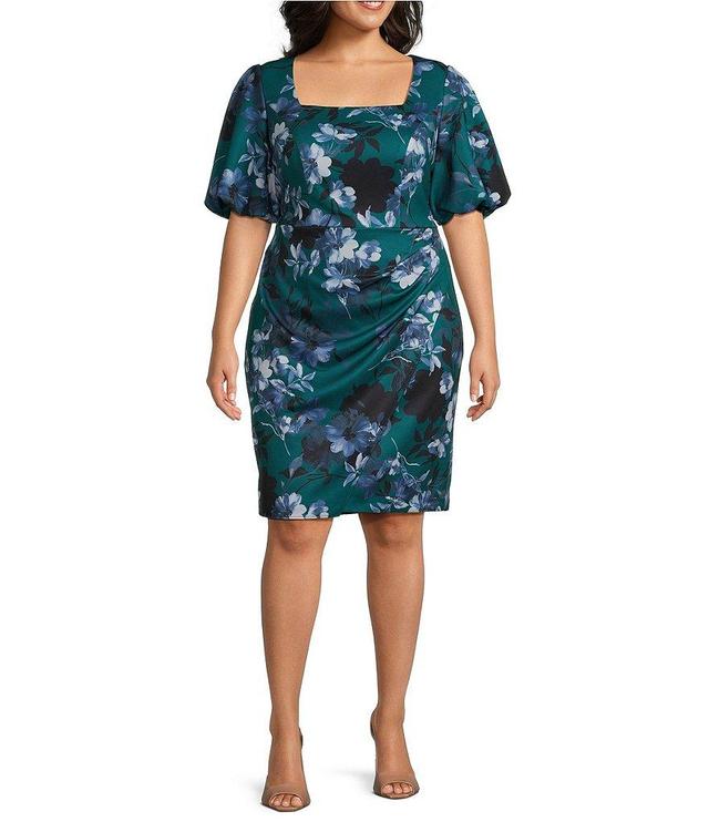 Alex Evenings Plus Size Short Puff Sleeve Square Neck Floral Dress Product Image