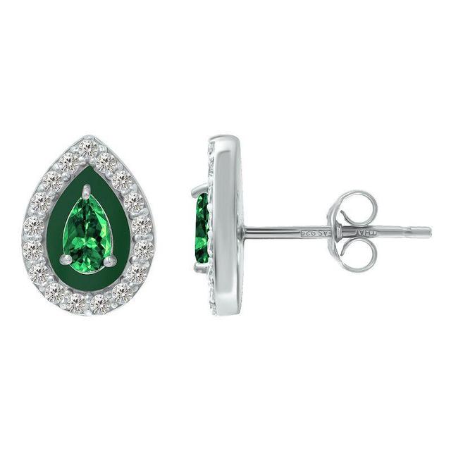 Aleure Precioso Sterling Silver Enamel & Cubic Zirconia Pear Shaped Halo Stud Earrings, Womens, Green Product Image