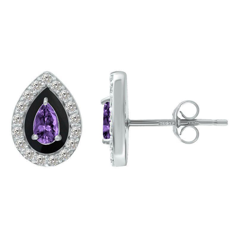 Aleure Precioso Sterling Silver Enamel & Cubic Zirconia Pear Shaped Halo Stud Earrings, Womens, Purple Product Image