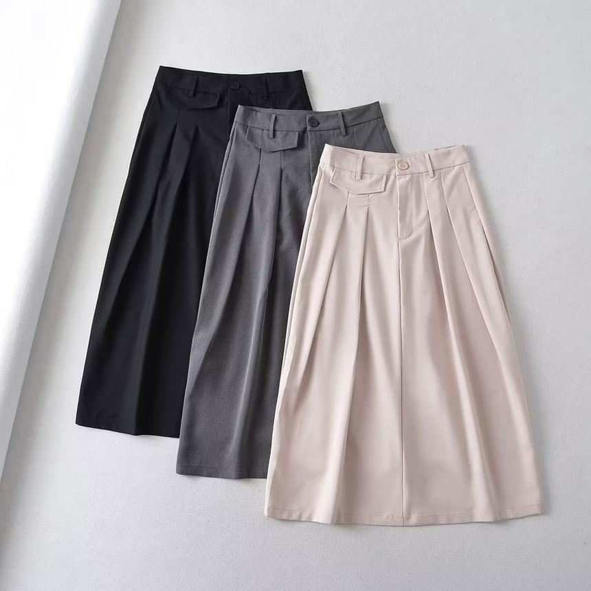 High Waist Plain Midi A-Line Pleated Suit Skirt Product Image