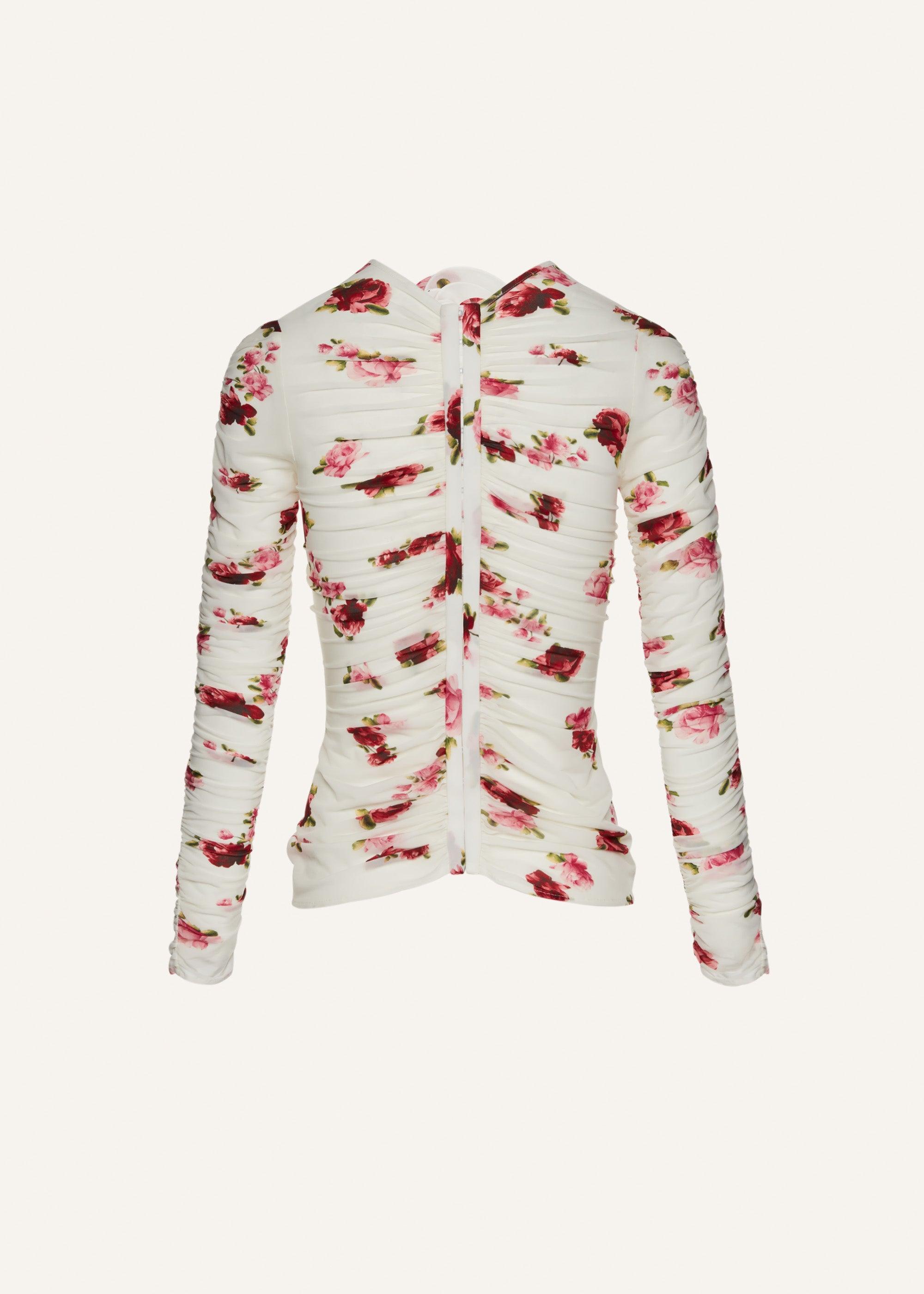 Sheer ruched rose appliqué top in cream print Product Image