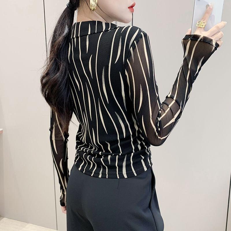 Long Sleeve Zebra Print V-Neck Button Up Blouse Product Image