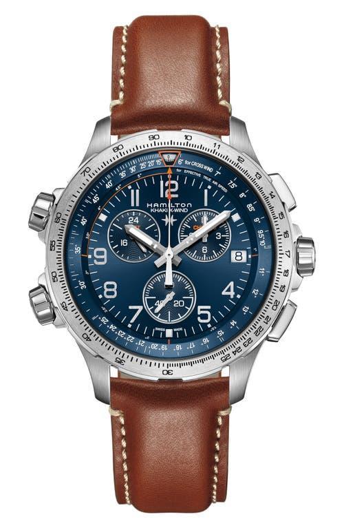 Hamilton Mens Swiss Chronograph Khaki X-Wind Gmt Brown Leather Strap Watch 46mm Product Image