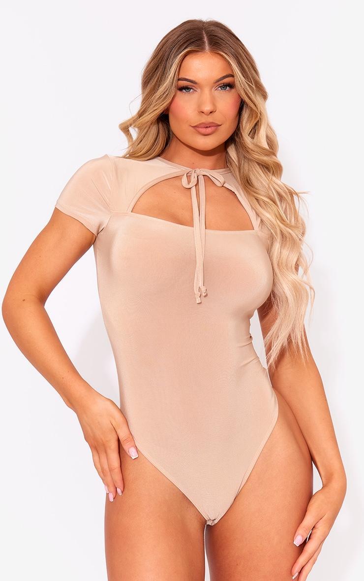 Stone Slinky Tie Front Cut Out Bodysuit Product Image