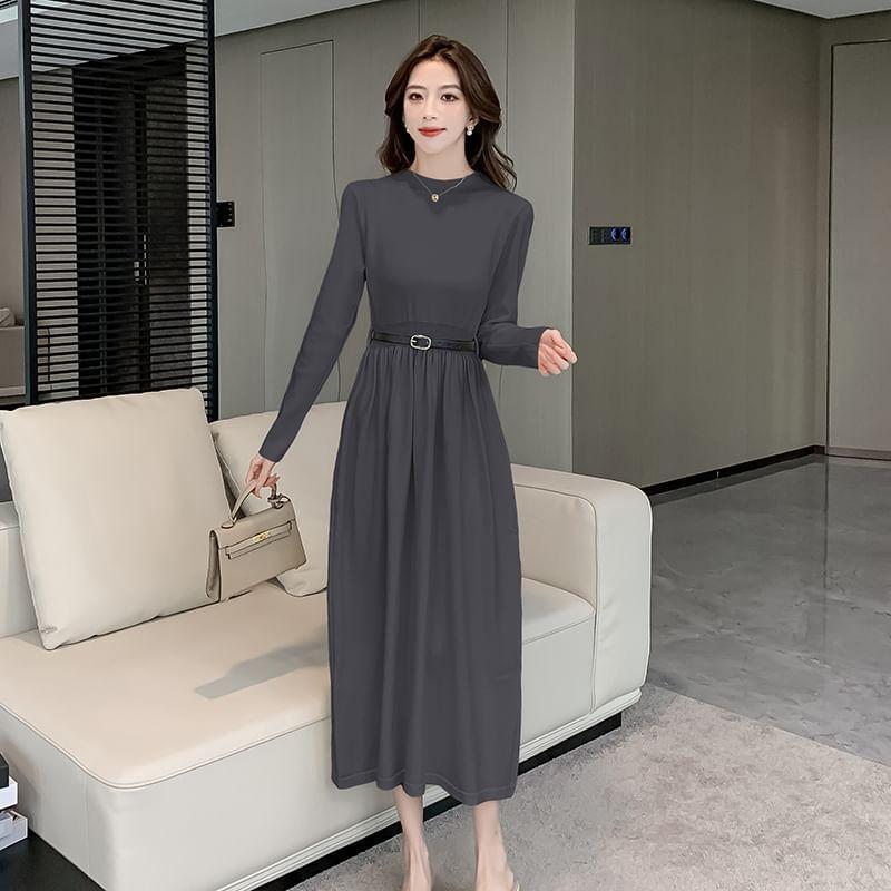 Long-Sleeve Mock Neck Plain Cutout Back Midi A-Line Knit Dress Product Image