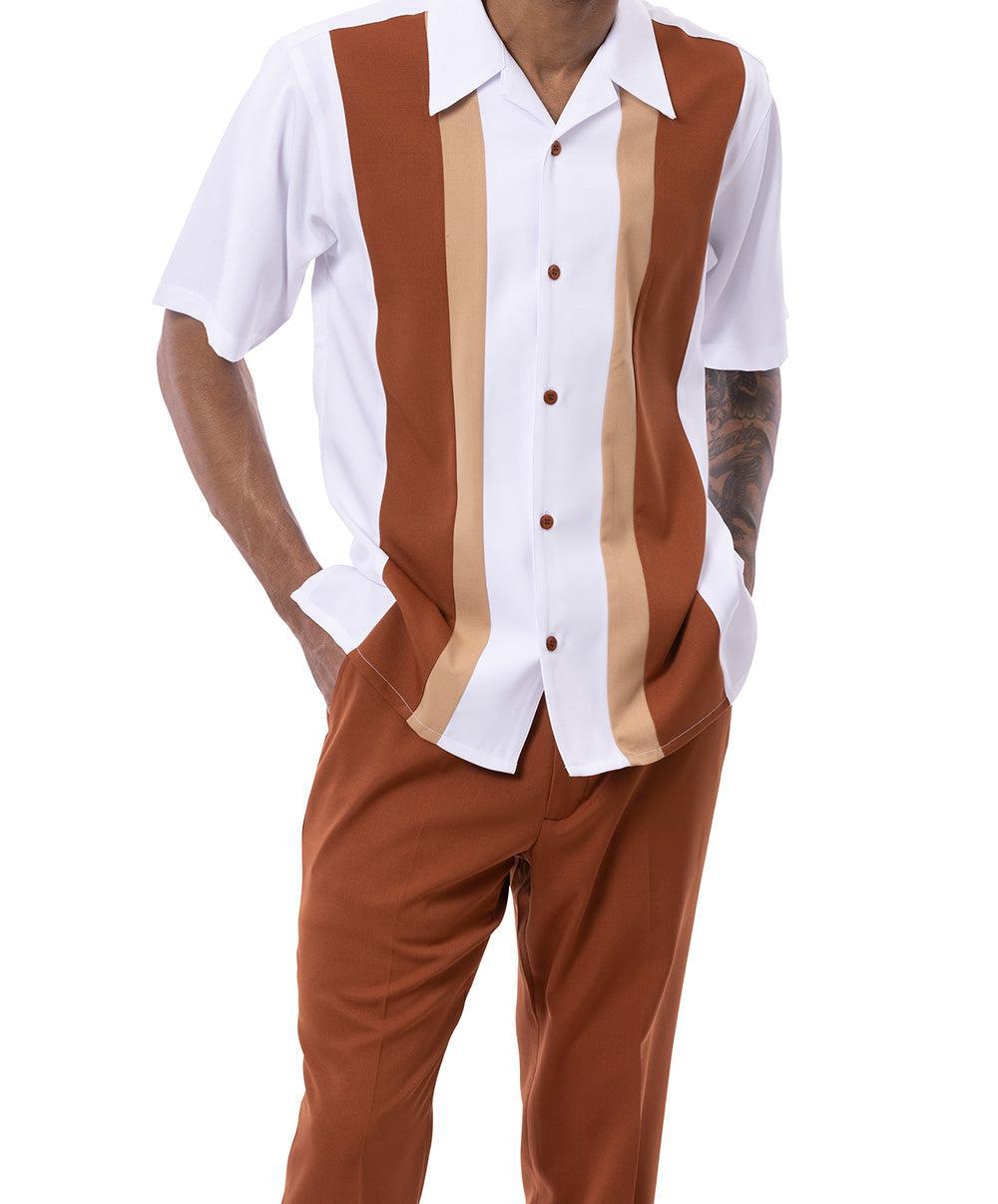 Cognac/Tan Vertical Color Block Walking Suit 2 Piece Short Sleeve Set Product Image