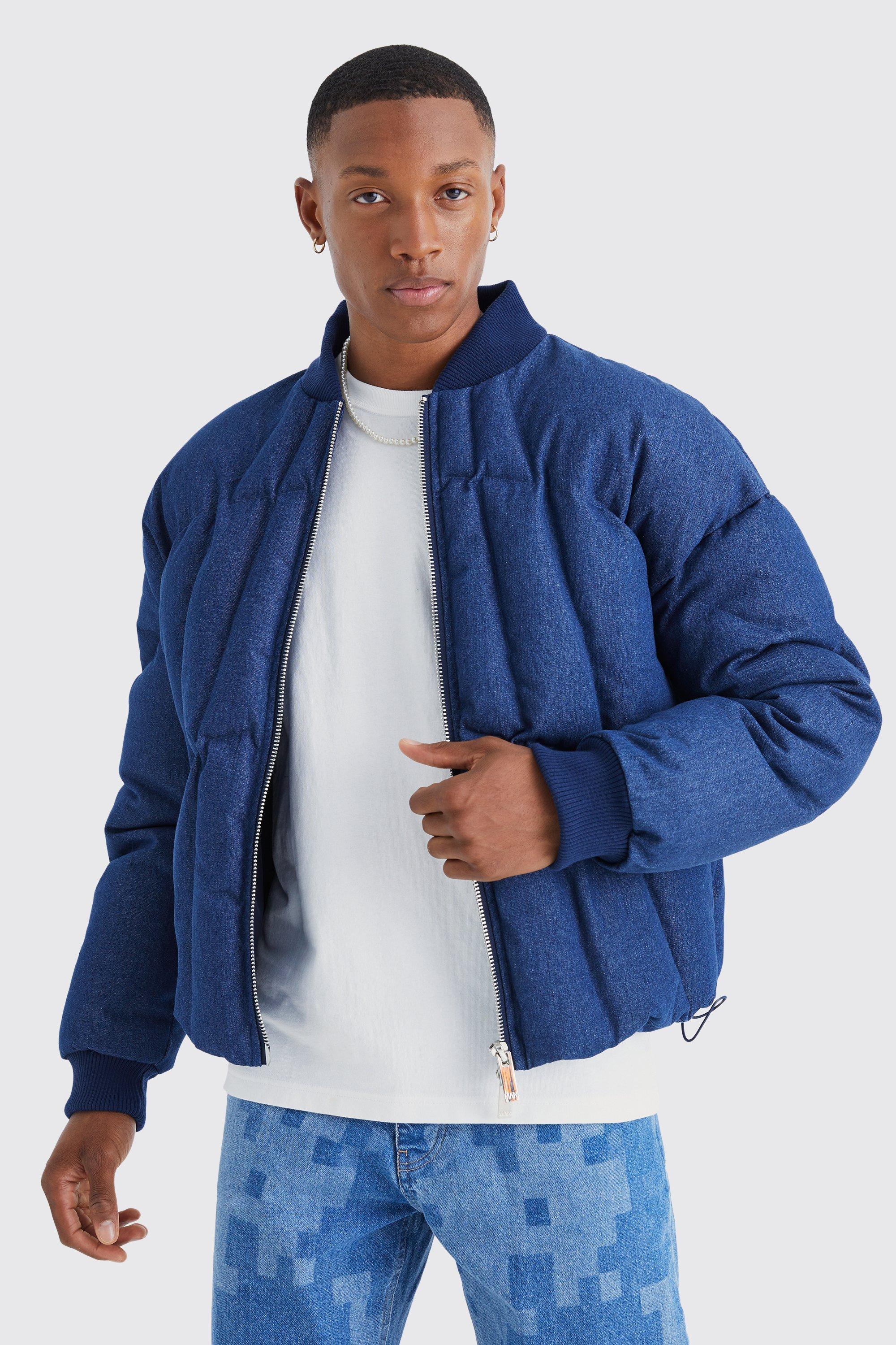 Boxy Fit Denim Puffer Jacket With Bomber Neck | boohooMAN USA Product Image