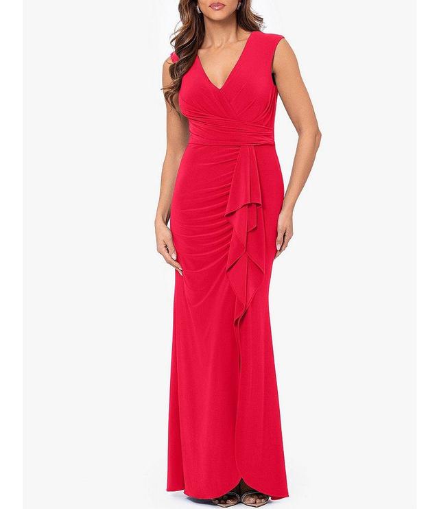 Betsy & Adam ITY Surplice V-Neck Sleeveless Wrap Cascading Ruffle Gown Product Image